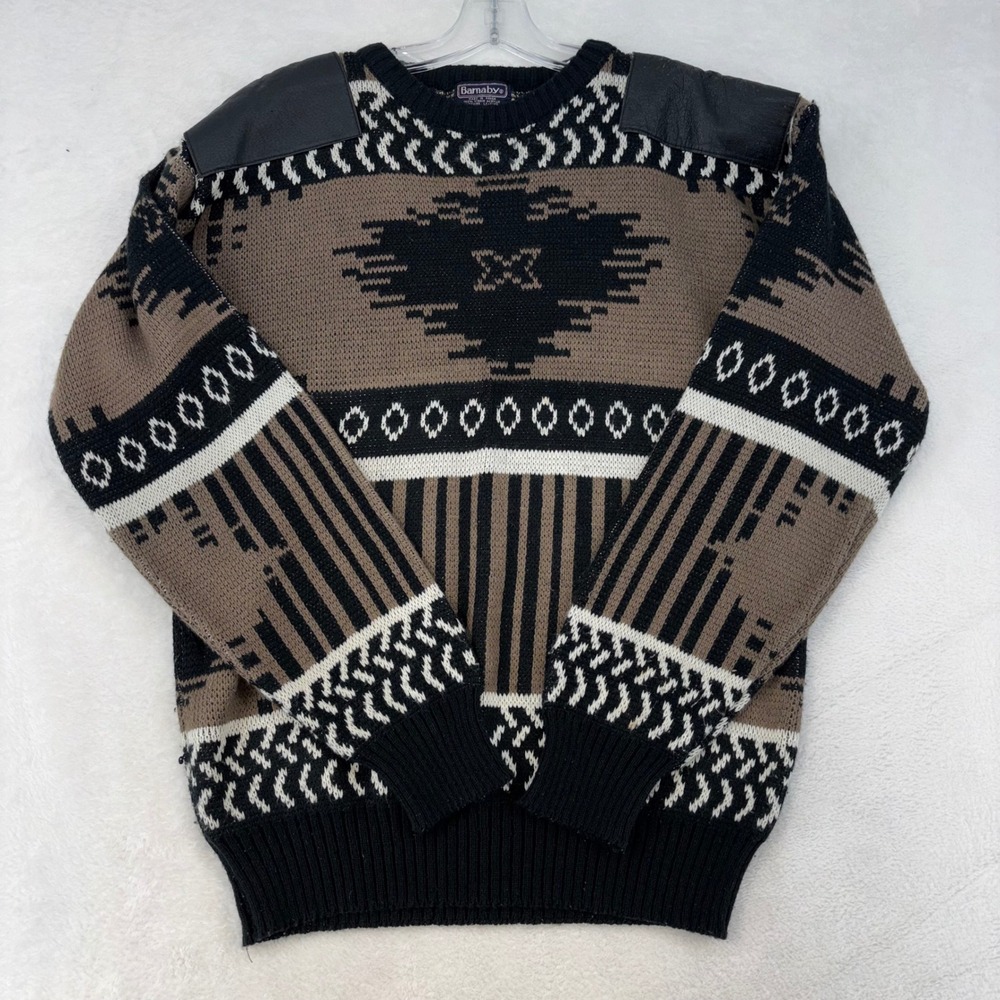 Barnaby Vintage Mens XL Southwestern Leather Patch Geometric Knit Sweater Brown